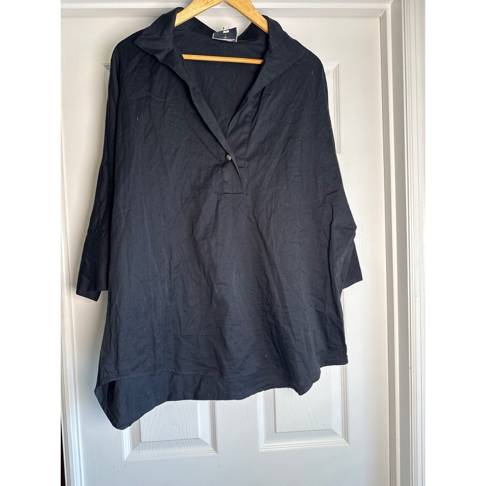 Tuckernuck Blouse Womens Large Black Cotton Popover V-Neck 3/4 Sleeve High-Low